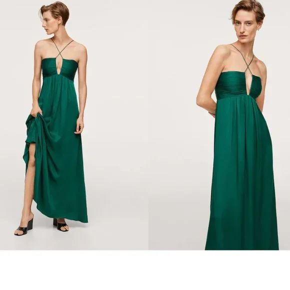 Mango occasion halterneck maxi dress in green